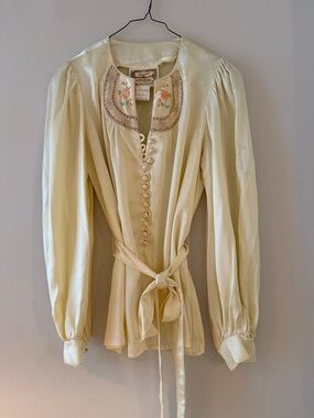 Gunne Sax Cream Satin Blouse with Embroidered Yoke and Self-Tie Waist